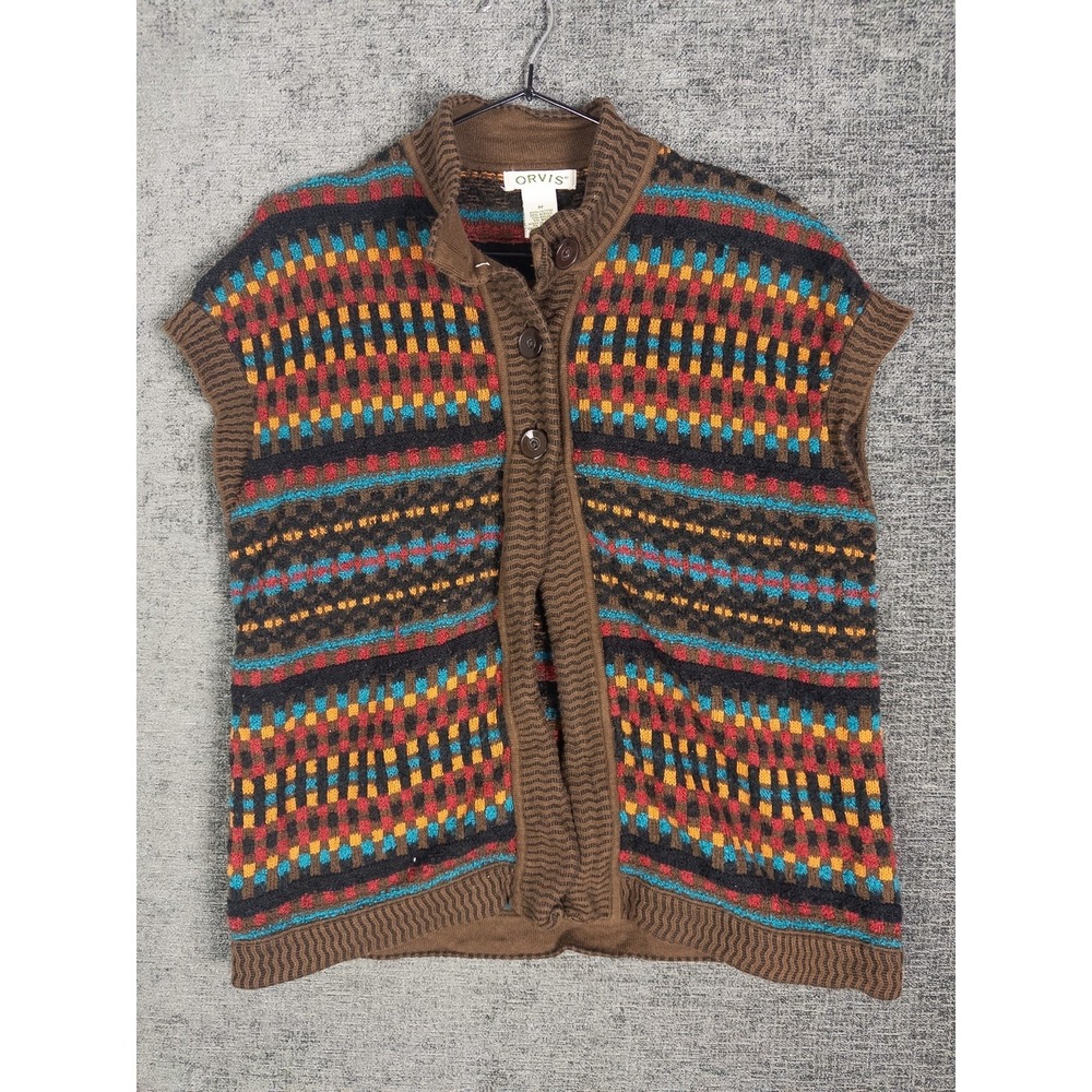 VTG Orvis Cardigan‎ Womens M Knit Wool Blend Knit Color Block Grandma